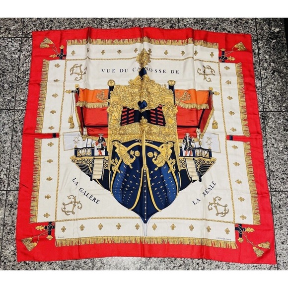 HERMES Paris "Vue du Carosse de la Galere la Reale" Silk Red Blue White Scarf - Picture 14 of 16
